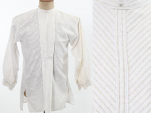 Antique 1800s Pullover White & Brown Vertical Chevron Pattern Front Placket Mens Shirt | AS IS |M/L - Fashionconservatory.com