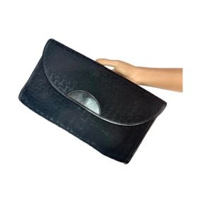 70s Black Pierre Cardin Large Envelope Clutch Jacquard & Leather Monogram 