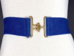 22''-31'' Vintage 1970s Disco Gold Tone Wide Navy Blue Stretch Cinch Belt