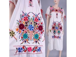 OS Vintage 1970s Off White Cotton Embroidered Oaxaca Huipile Mexican Dress 70s