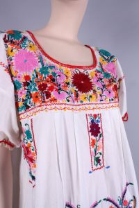 OS Vintage 1970s Off White Cotton Embroidered Oaxaca Huipile Mexican Dress 70s - Fashionconservatory.com