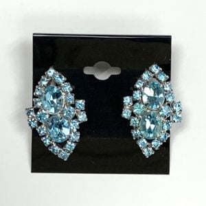 Vintage Light Blue Rhinestone Clip Earrings By Gale - Antique Estate Costume Jewelry