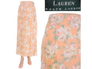 Vintage 1990s Size 8 Silk Pastel Peach Floral Maxi Skirt by RALPH LAUREN