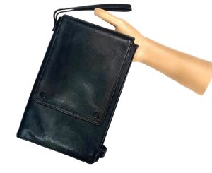 70s 80s Black Leather Organizer Travel Wallet Wristlet |Men Women|Unisex Handbag| H 9.5'' x W 6.25''