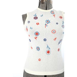 Vintage 1960s Cream Bouclé Knit Orange Blue Floral Print Sleeveless Shirt by Talbott Travler | M - Fashionconservatory.com