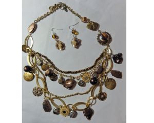 Vintage Necklace and Earrings Gold Tone Multi Chain Mixed Media Charm/Drop Statement Necklace