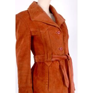 S M Vintage 1970s LEARSI Pumpkin Orange Suede Mod Belted Jacket Pea Coat - Fashionconservatory.com