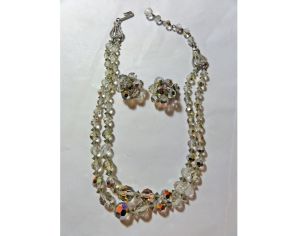 Vintage 50s Necklace and Earrings Set Aurora Borealis Clear Faceted Glass Beads Double Strand