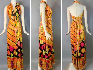 Psychedelic 70's Sexy Halter Dress Size XS Backless Bohemian Velvet Velour Maxi Gown | XS 2 - Fashionconservatory.com