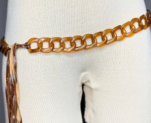 33''+ Vintage 60s Clear Brown Lucite Chain Tassel Tie Hip Belt Hippie Boho