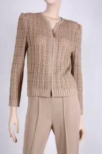 Vintage 1980s Size 2 ST. JOHN COLLECTION Beige Gold Santana Knit Cardigan Top Pant Suit Set | XS/S - Fashionconservatory.com
