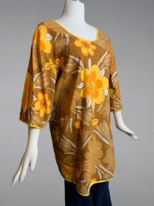 Groovy 60s Artist Smock Vintage Top Blouse Apron Brown Orange Yellow Flowers Tulips Chrysanthemums 