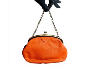 Cute 60s Blazing Orange Faux Leather Convertible Kiss Lock Clutch Purse with Chain |Fits everything!