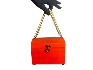 Blazing Orange 60s Wood Box Purse w/ Chunky Gold Chain | Fits everything you need for a night out!