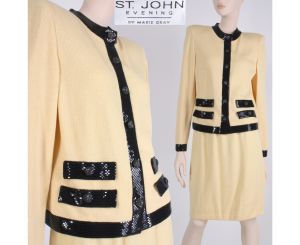 Vintage 1980s Size 6 ST. JOHN EVENING Cream Santana Knit Black Sequin Jacket Skirt Suit Set | S/M
