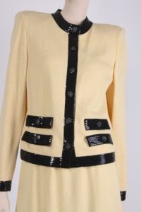 Vintage 1980s Size 6 ST. JOHN EVENING Cream Santana Knit Black Sequin Jacket Skirt Suit Set | S/M - Fashionconservatory.com