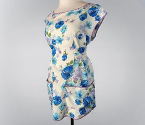 Pretty Midcentury Full Apron Smock | Cotton Floral Blue Roses Print
