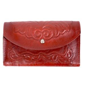 4x7 Vintage 1970s Dark Red Tooled Leather Wallet Tri Fold Western made in Brasil