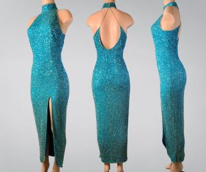 Stunning 90s Lillie Rubin Designer Teal Gown 100% Silk w/sequins | PERFECT condition | Size 4 Small - Fashionconservatory.com
