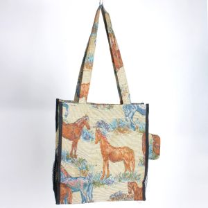 12x12 Vintage 1980s Horse Equestrian Tapestry Tote Bag w/Coin Purse - Fashionconservatory.com