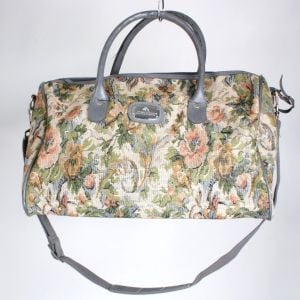 Jordache Vintage 80s Gray Pink Green Floral Tapestry Overnight Bag Luggage Carry On - Fashionconservatory.com
