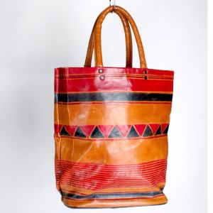 Vintage 1990s Colorful Tribal India Geometric Large Leather Bag Purse Tote 90s - Fashionconservatory.com