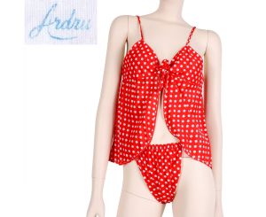 Vintage 60s Red White Polka Dot Tie Camisole Panties Nylon Lingerie Set by Andru | S/M