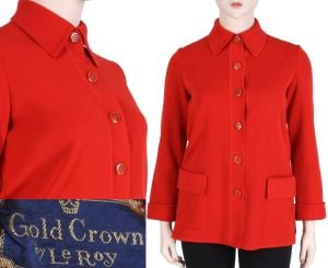 Vintage 60s Gold Crown by Le Roy Red Double Knit Simple Mod Cardigan w/Pockets | L/XL 