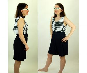 1980s romper, one piece, onesie, blue white, striped, nautical, shorts, Size 12