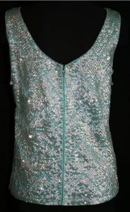 Large 1960s Beaded Cocktail Top with Sequins & Fringe - Size 12 Robin's Egg Blue Sleeveless Shell  - Fashionconservatory.com