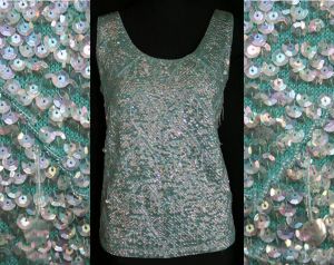 Large 1960s Beaded Cocktail Top with Sequins & Fringe - Size 12 Robin's Egg Blue Sleeveless Shell 