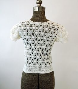 Vintage crochet top sweater white short sleeved sheer lace Size XS - Fashionconservatory.com