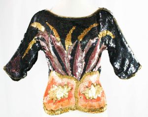 Size 6 Gorgeous 1980s Sequins Top - Formal 80s Sequined Art Deco Botanical Leaves Party Blouse 