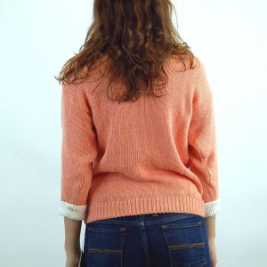 1980s sweater peach knit top with white bow NOS New old stock batwing sleeves pearl buttons  - Fashionconservatory.com
