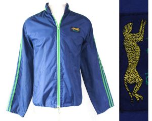 Men's Large Cheetah Windbreaker - Lightweight Blue Track Jacket with Hood - Late 70s 80s Athletic