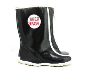 Boys 50s 60s Black Galoshes - Child Size 8 - Authentic 1960s Boy's Rain Boots - Tiger Paw - Kitsch