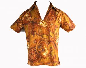 Men's Medium 1960s Aloha Shirt - Copper Batik 60s Mens Aloha Top - Brown & Gold Cotton Sateen 