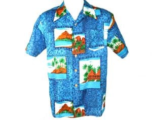 Men's Medium Shirt - Vacation Pictures Novelty Print 1960s Islander Shirt - 60s Tiki Resort Style  - Fashionconservatory.com