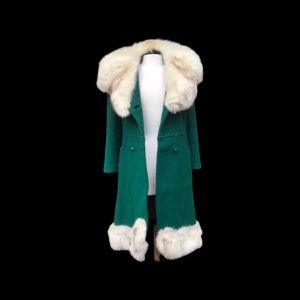 60’s Green Wool Mod Princess Coat with Norwegian Silver Fox Fur Collar Mad Men Christmas - Fashionconservatory.com