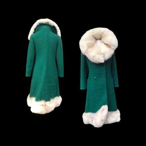 60’s Green Wool Mod Princess Coat with Norwegian Silver Fox Fur Collar Mad Men Christmas