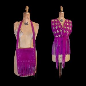 70s Suede Couture Magenta Pink Fringe Cutout Vest, Belt, and Purse Set Flexible Size Boho Chic Hippy