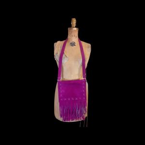 70s Suede Couture Magenta Pink Fringe Cutout Vest, Belt, and Purse Set Flexible Size Boho Chic Hippy - Fashionconservatory.com