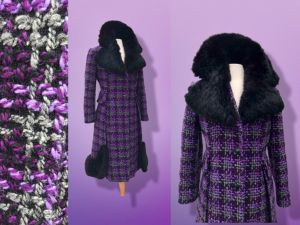 60’s Purple Woven Wool Coat with Genuine Fur Peplum and Collar Plaid - Fashionconservatory.com