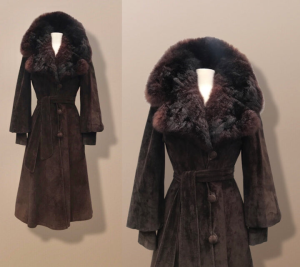 Vintage Couture Brown Suede Coat with Genuine Fur Collar Puff Sleeve Heavy Duty Regular