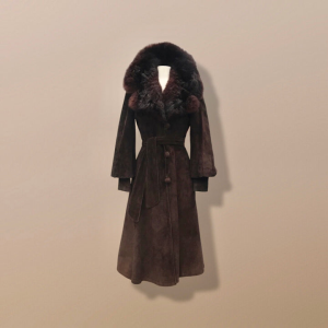 Vintage Couture Brown Suede Coat with Genuine Fur Collar Puff Sleeve Heavy Duty Regular - Fashionconservatory.com