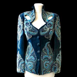 Blue Suede Hand Beaded Couture Jacket Intricate Beading Regular price