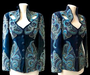Blue Suede Hand Beaded Couture Jacket Intricate Beading Regular price - Fashionconservatory.com