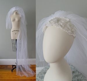 1980s long cathedral wedding veil with floral lace tiara