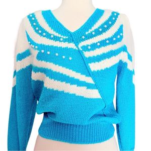 1980’s Bold Teal & White Knit Sweater w/ Pearl Accents, Angora & Rabbit Hair Lux