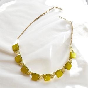 1950’s Vintage Yellow  Moonglow Thermoset  Necklace with Silver Hardware, 8.5-9” Long, MCM P
